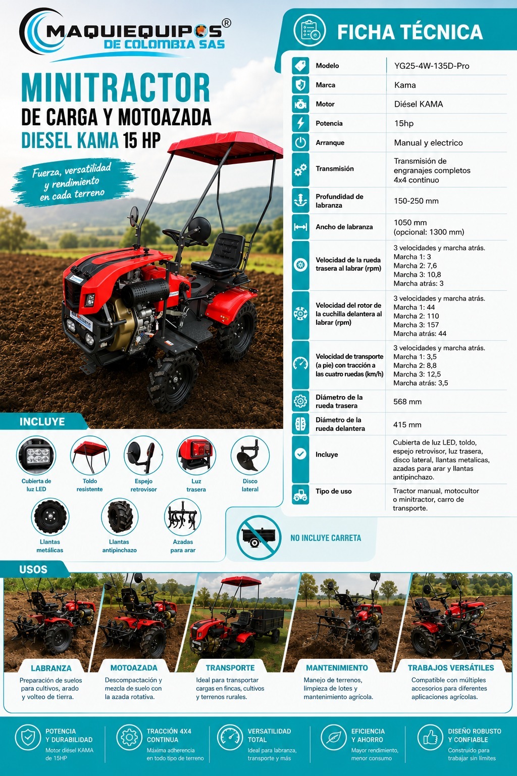 Minitractor de carga y motoazada Diesel Kama 15 hp - Imagen 12