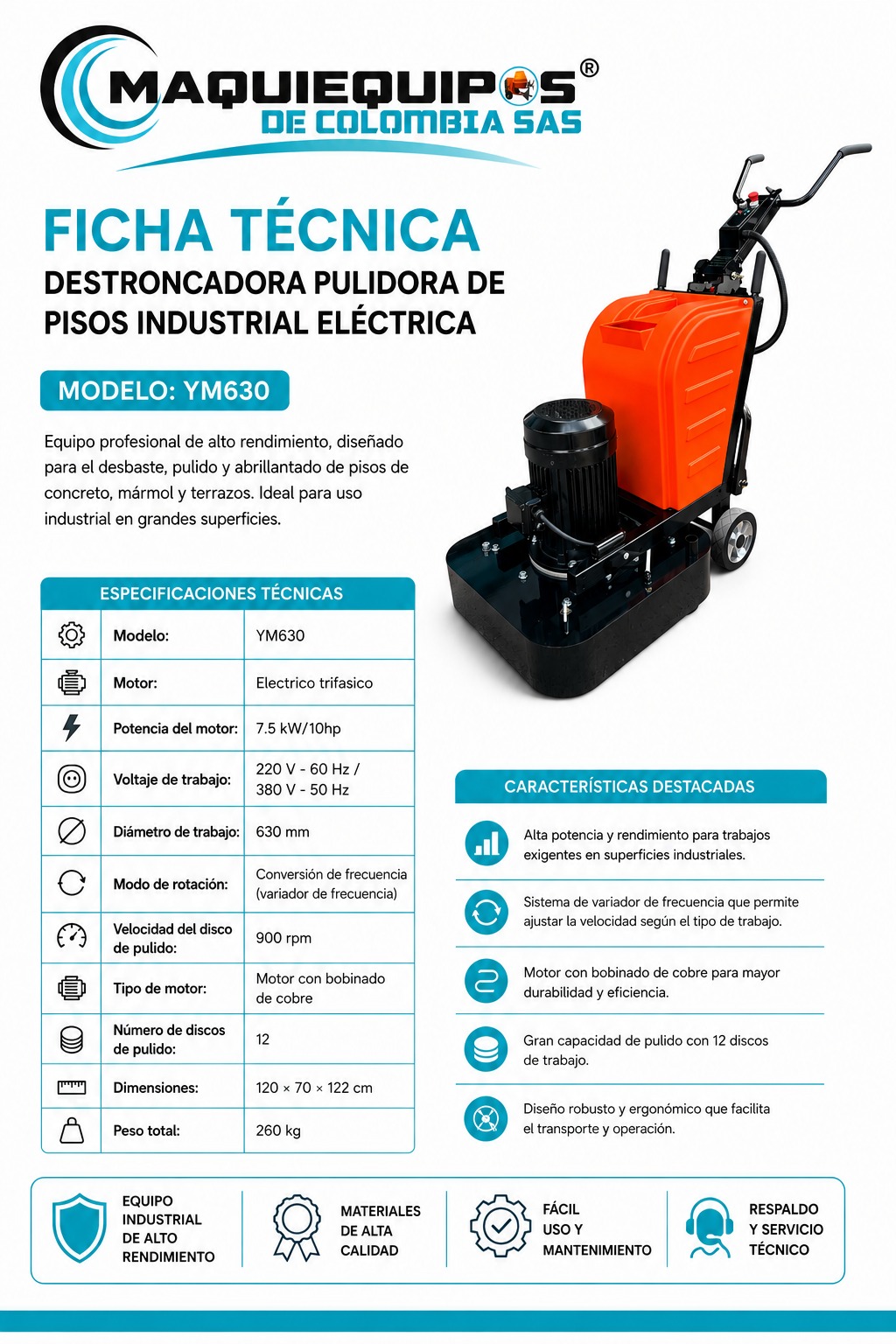 Destroncadora Pulidora de Pisos Industrial Eléctrica  Modelo YM630 10HP - Imagen 5