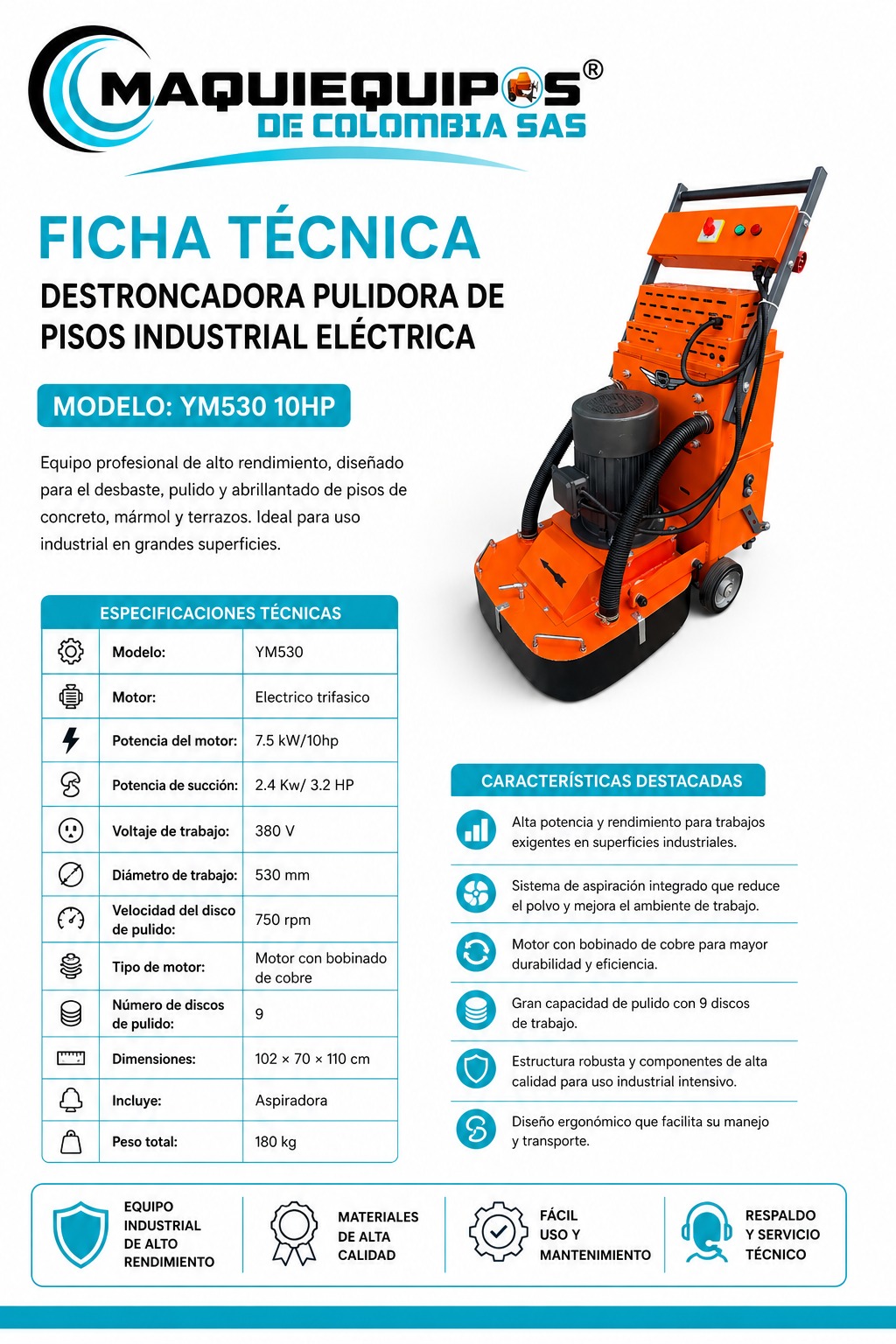 Destroncadora Pulidora de Pisos Industrial Eléctrica  Modelo YM530 10HP - Imagen 4